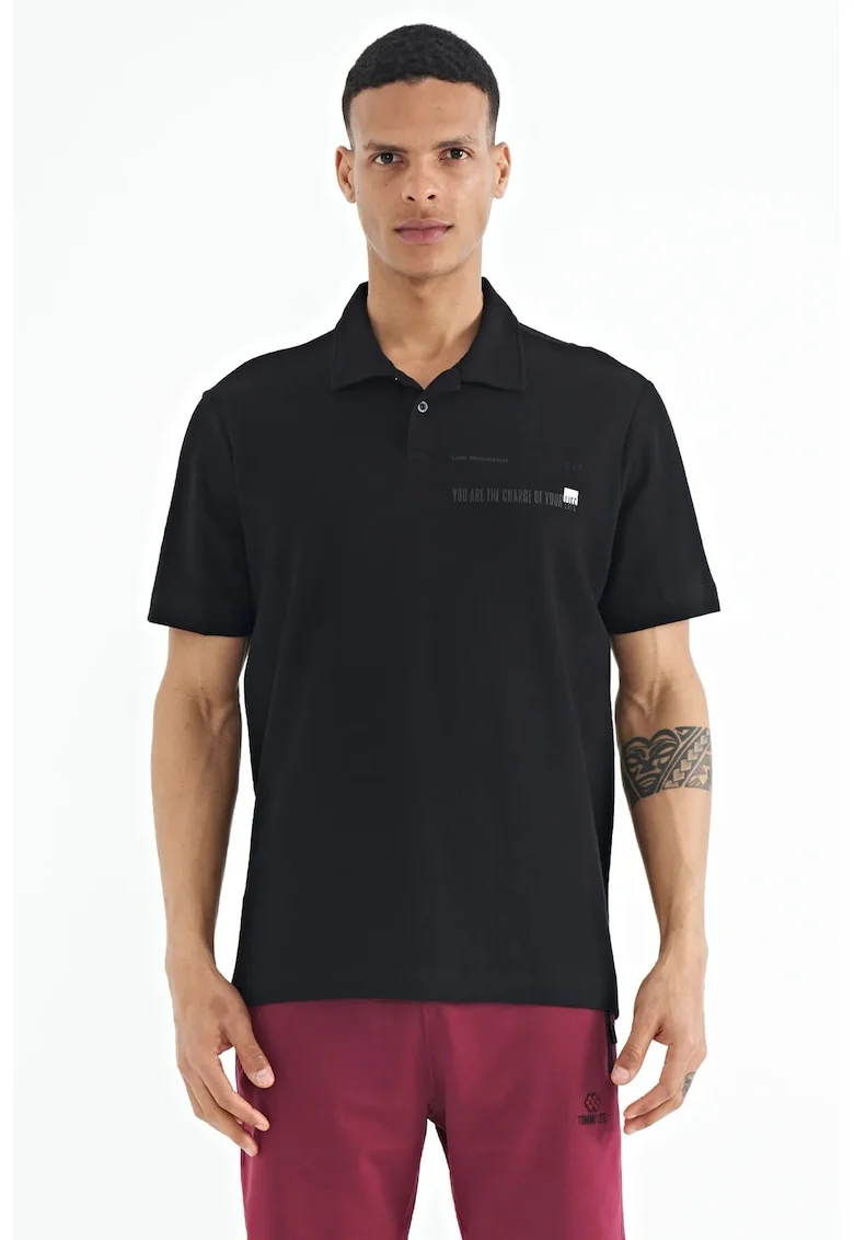 Tricou Polo  bumbac, imprimeu text, negru, pentru barbati