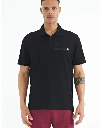 Tricou Polo  bumbac, imprimeu text, negru, pentru barbati