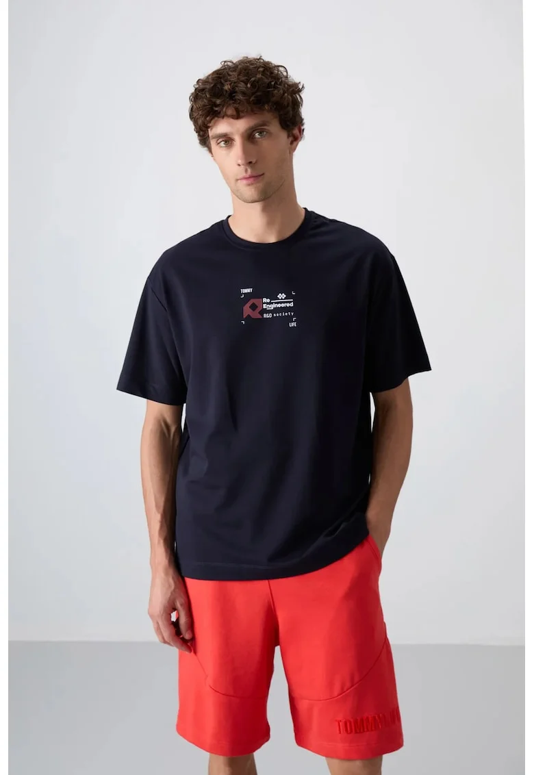Tricou supradimensionat,  decolteu rotund, imprimeu logo, Albastru Marin, bumbac, poliester, lycra