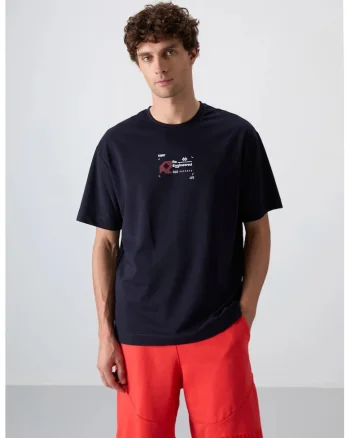 Tricou supradimensionat,  decolteu rotund, imprimeu logo, Albastru Marin, bumbac, poliester, lycra