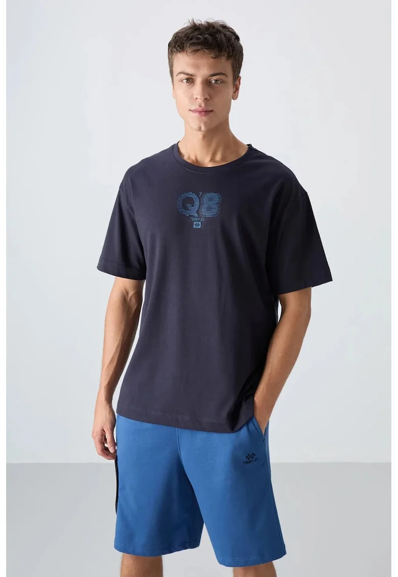 Tricou  supradimensionat, cu guler rotund, imprimeu logo, Albastru Marin, Bumbac si Poliester