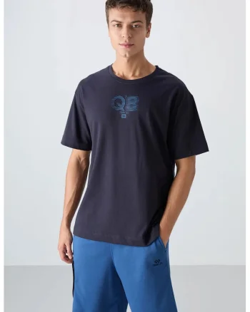 Tricou  supradimensionat, cu guler rotund, imprimeu logo, Albastru Marin, Bumbac si Poliester