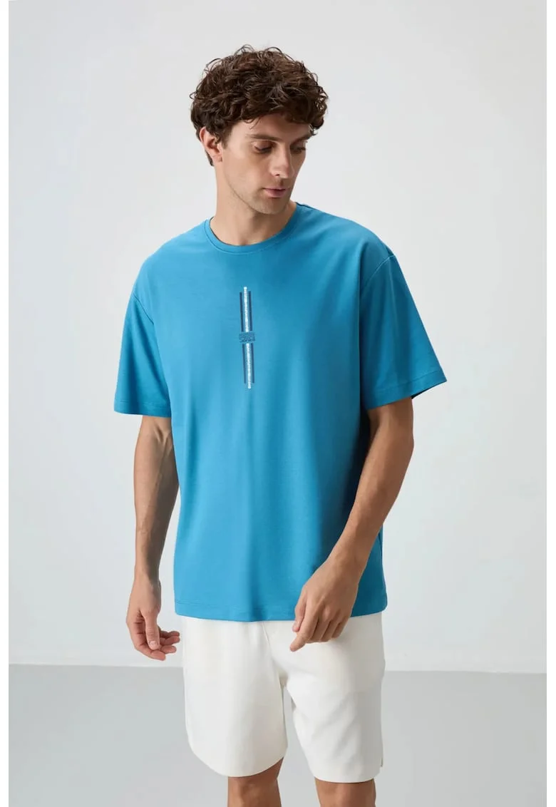 Tricou  supradimensionat, imprimeu spate, Albastru Cerulean, 80% bumbac / 20% poliester