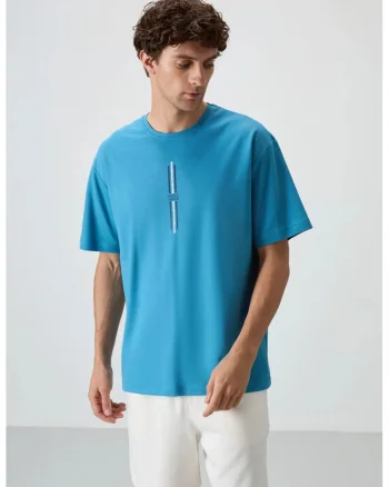 Tricou  supradimensionat, imprimeu spate, Albastru Cerulean, 80% bumbac / 20% poliester
