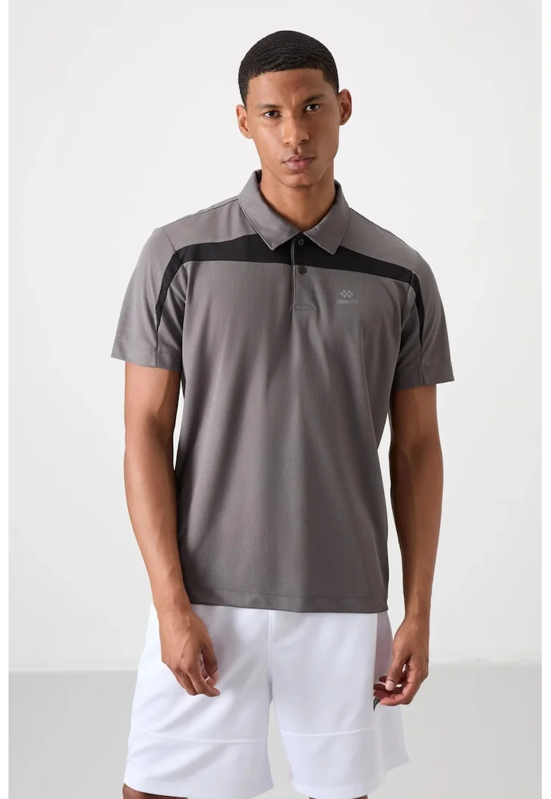 Tricou polo  gri, 100% poliester, cu buton