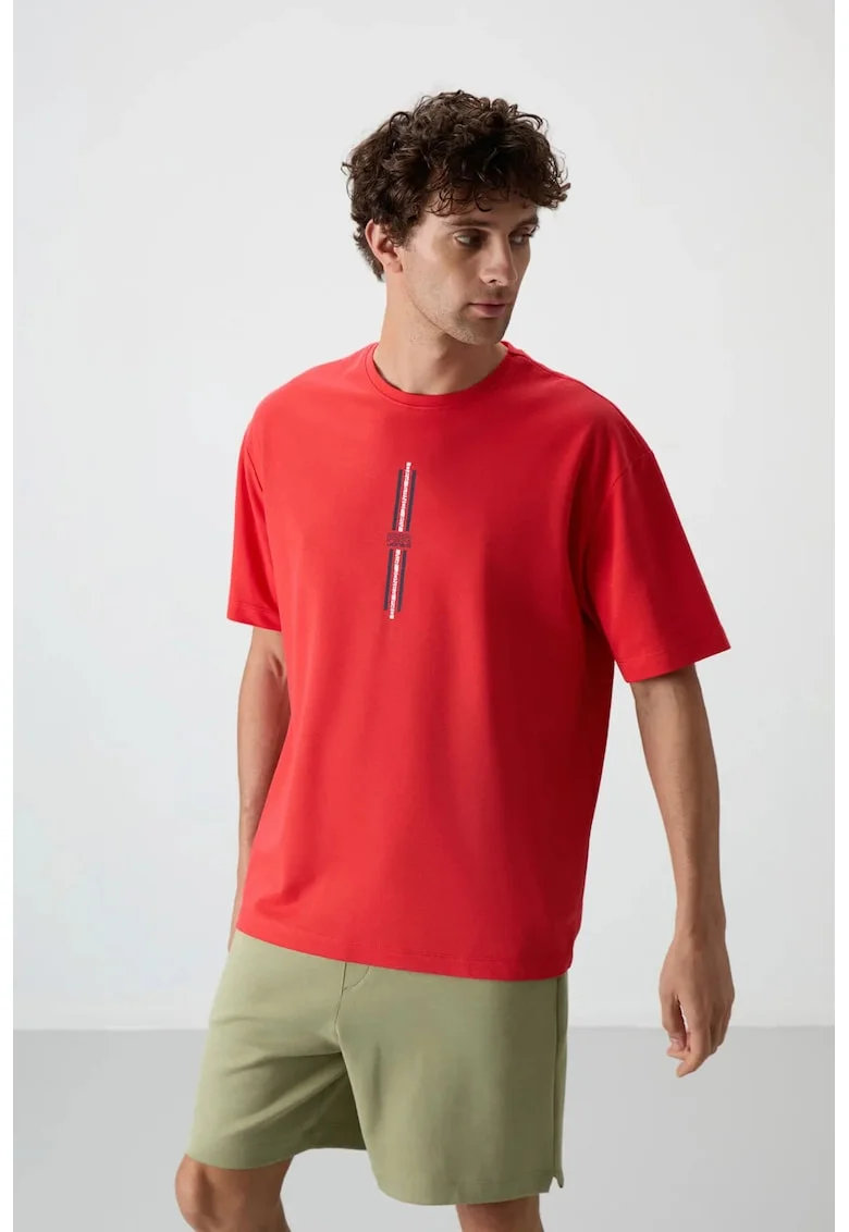 Tricou  supradimensionat imprimeu spate, rosu, 80% bumbac, 20% poliester