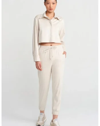Pantaloni dama,  pantaloni de jogging, crem natural, poliester