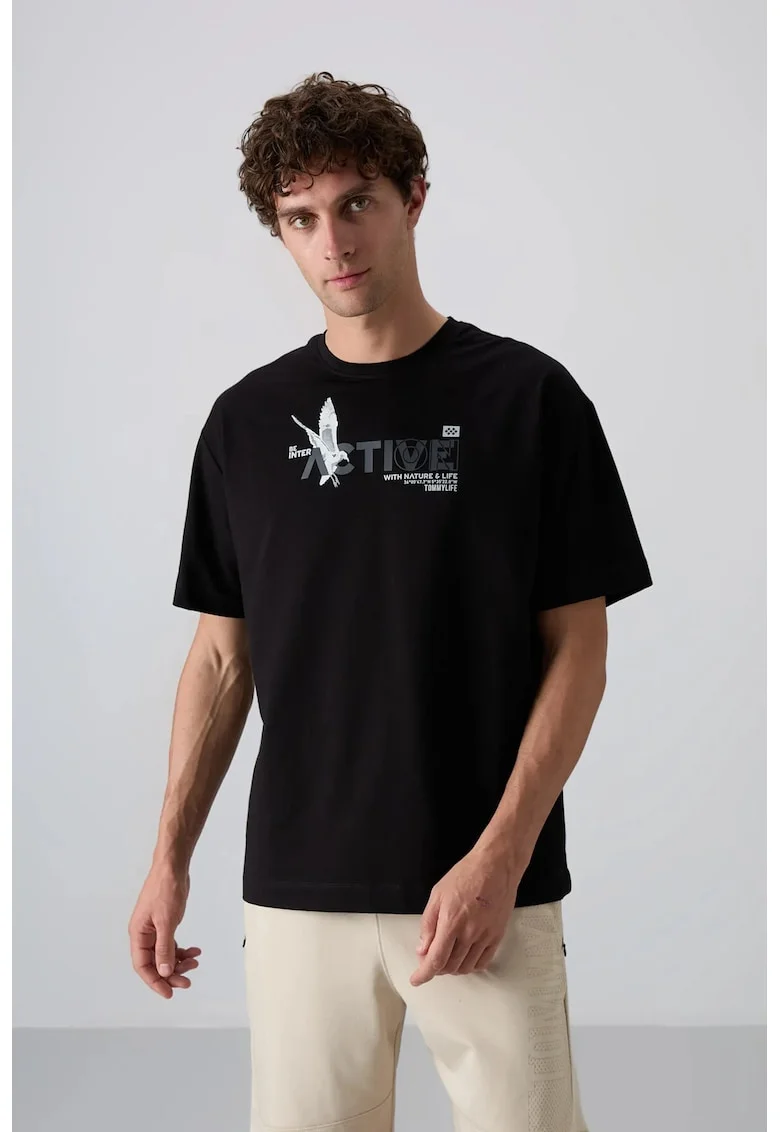 Tricou,  supradimensionat, imprimeu, negru, bumbac cu poliester si lycra