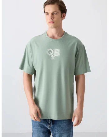 Tricou barbati,  supradimensionat, guler rotund, verde salvie, bumbac si poliester