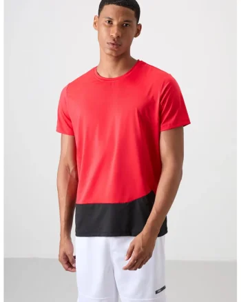 Tricou  barbatesc, cu guler rotund, rosu, material elastic