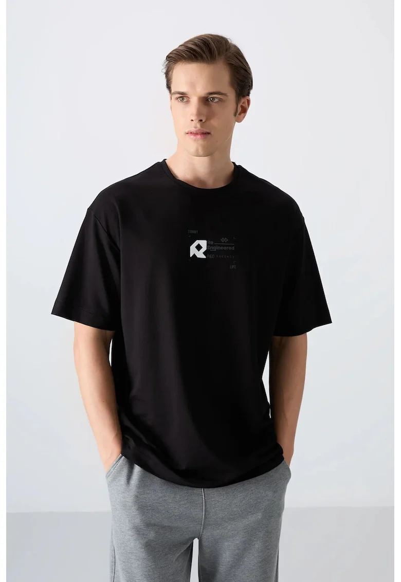 Tricou  guler rotund, imprimeu logo, negru, barbati