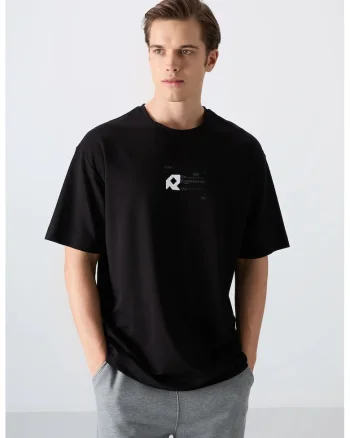 Tricou  guler rotund, imprimeu logo, negru, barbati