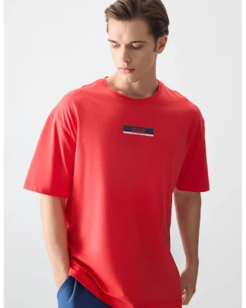 Tricou  oversized, rosu cires, 100% bumbac, cu logo