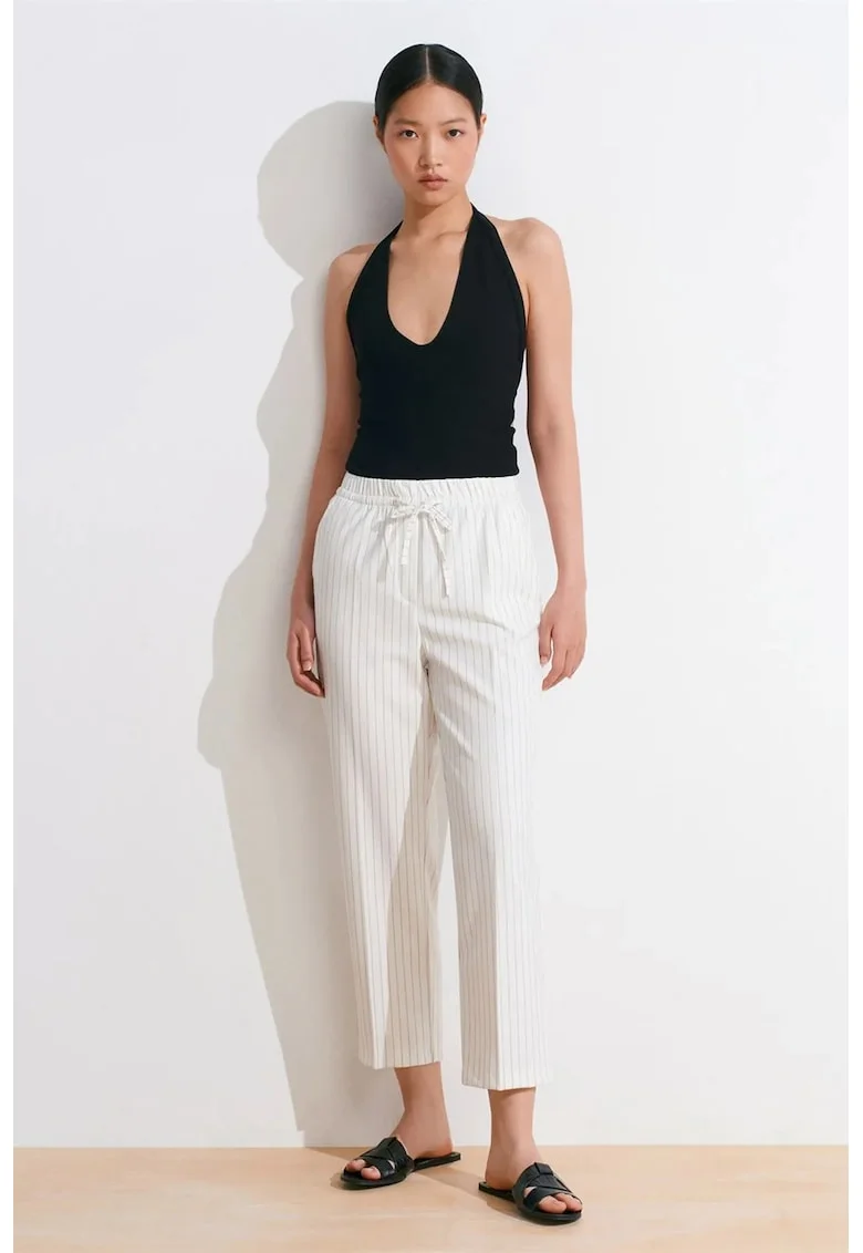 Pantaloni jogger,  croiala dreapta, talie elastica cu snur, Alb Murdar, tesatura cu dungi