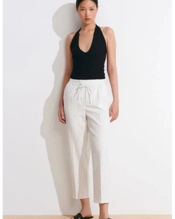 Pantaloni jogger,  croiala dreapta, talie elastica cu snur, Alb Murdar, tesatura cu dungi