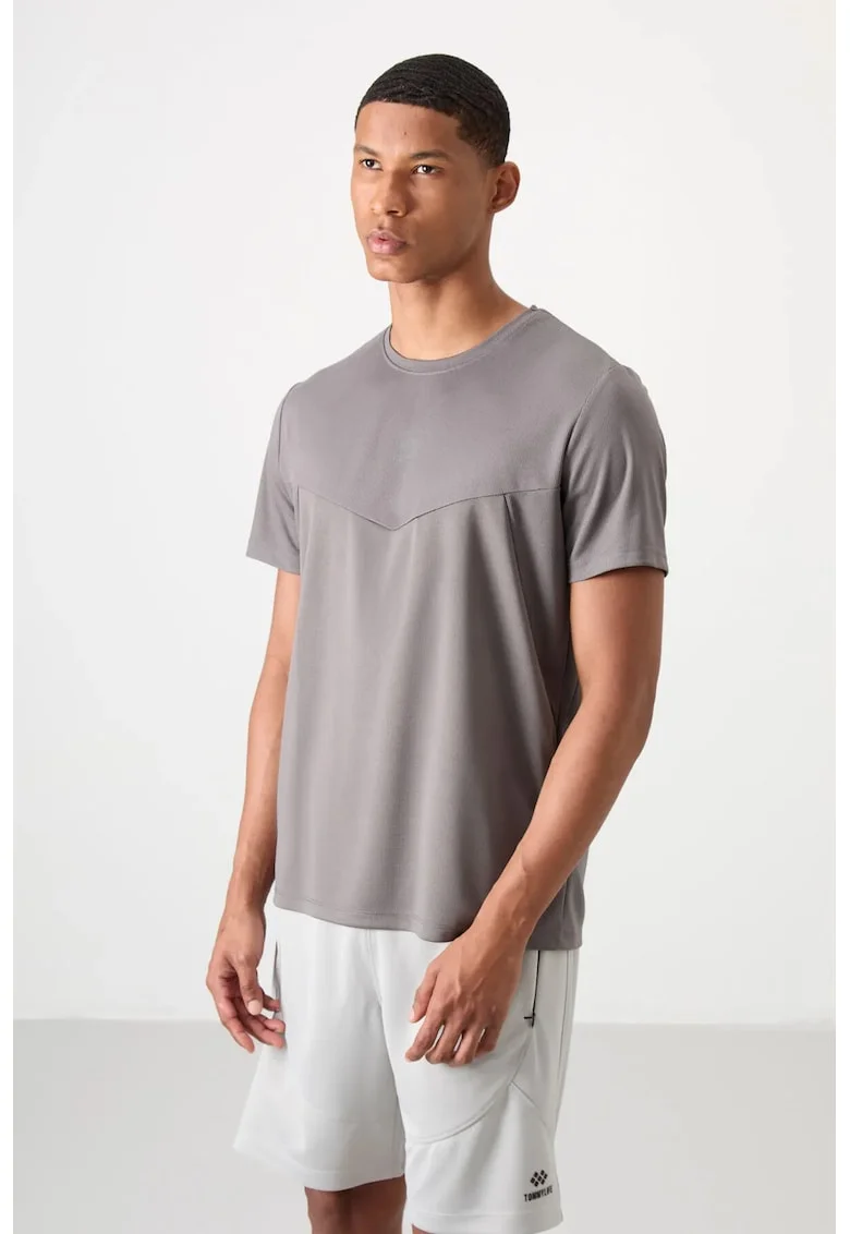 Tricou  barbati, gri ardezie, din poliester, cu guler rotund, detalii paneled