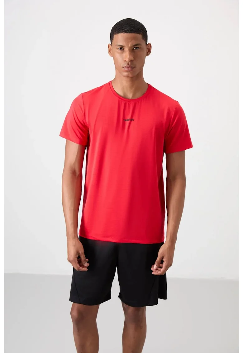 Tricou  barbati, rosu, croiala regular fit, cu logo, elastic, poliester-elastan