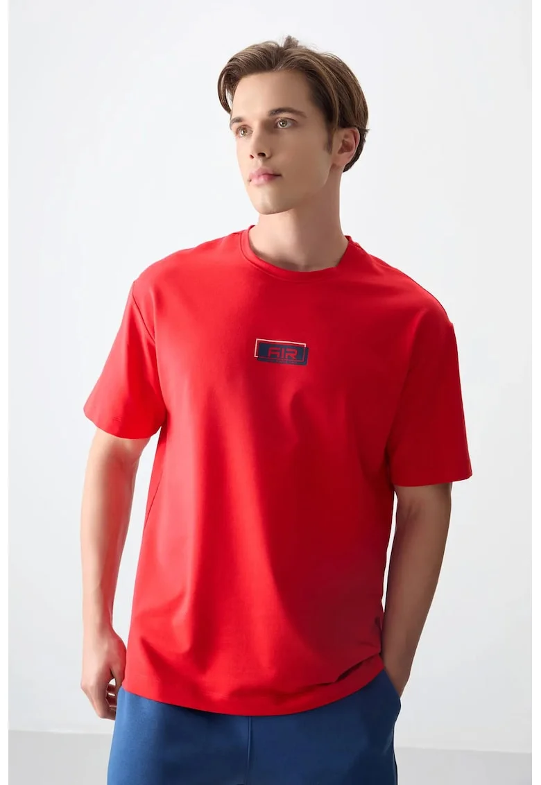 Tricou oversized,  rosu, bumbac-poliester-lycra, cu logo imprimat