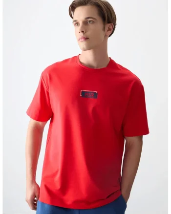 Tricou oversized,  rosu, bumbac-poliester-lycra, cu logo imprimat