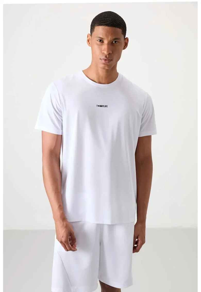 Tricou  alb, croiala Regular Fit, cu logo, elastic, 84% poliester, 16% elastan