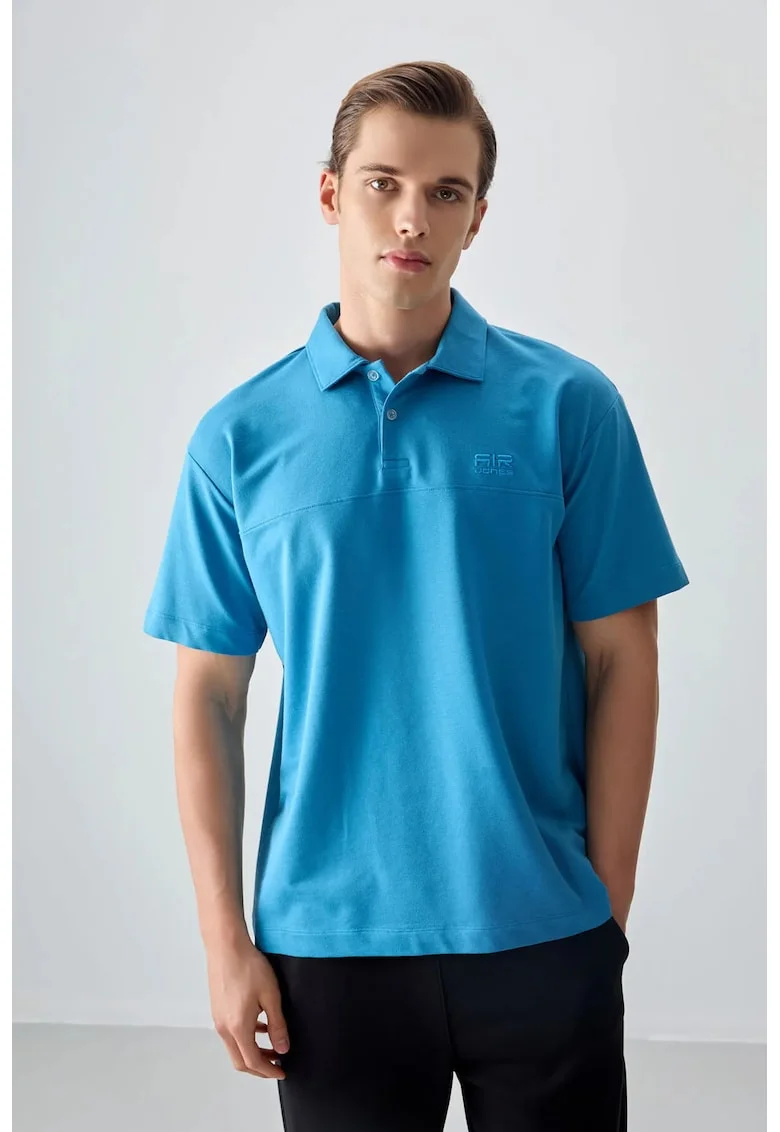 Tricou  oversized, guler polo, albastru cerulean, bumbac, poliester, lycra