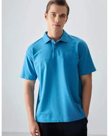Tricou  oversized, guler polo, albastru cerulean, bumbac, poliester, lycra