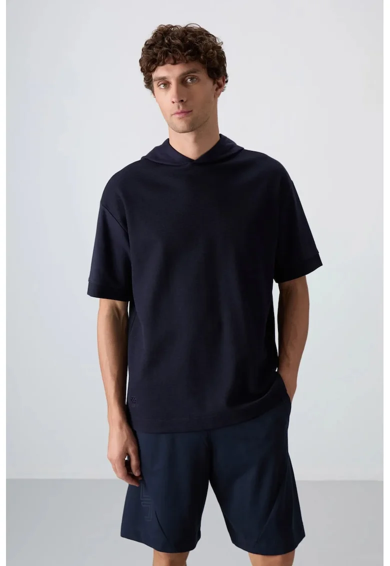 Tricou barbati,  supradimensionat, cu gluga, albastru marin, bumbac si poliester