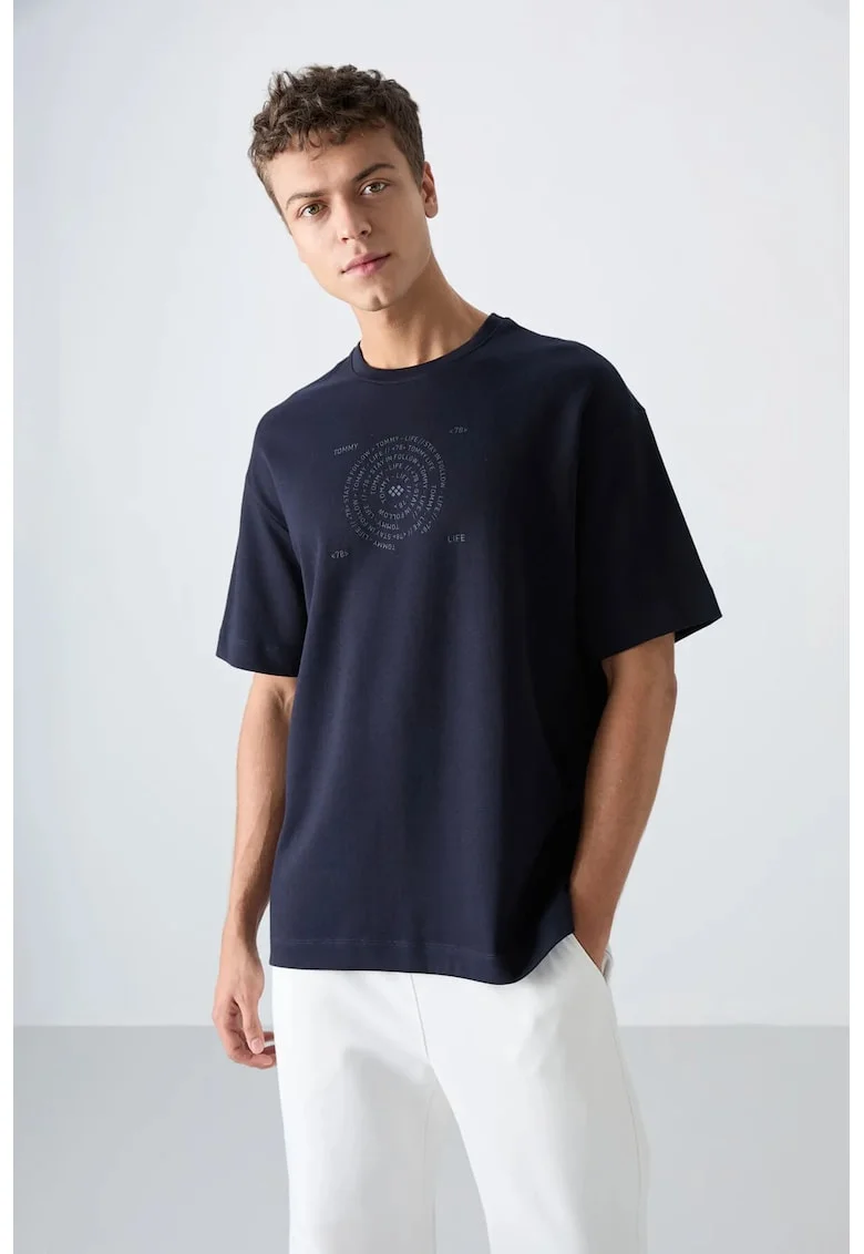 Tricou  supradimensionat, broderie, albastru marin, amestec de bumbac
