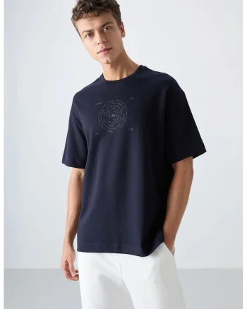 Tricou  supradimensionat, broderie, albastru marin, amestec de bumbac