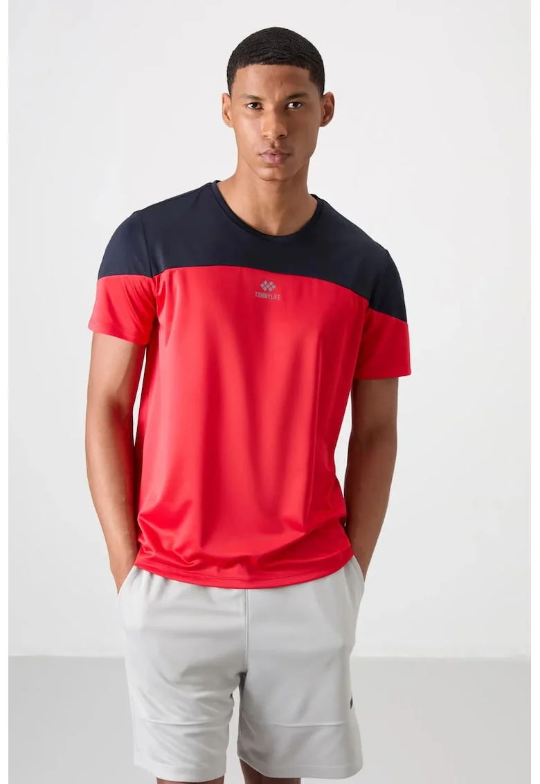 Tricou  barbati, rosu, poliester, guler rotund, Rosu/Negru
