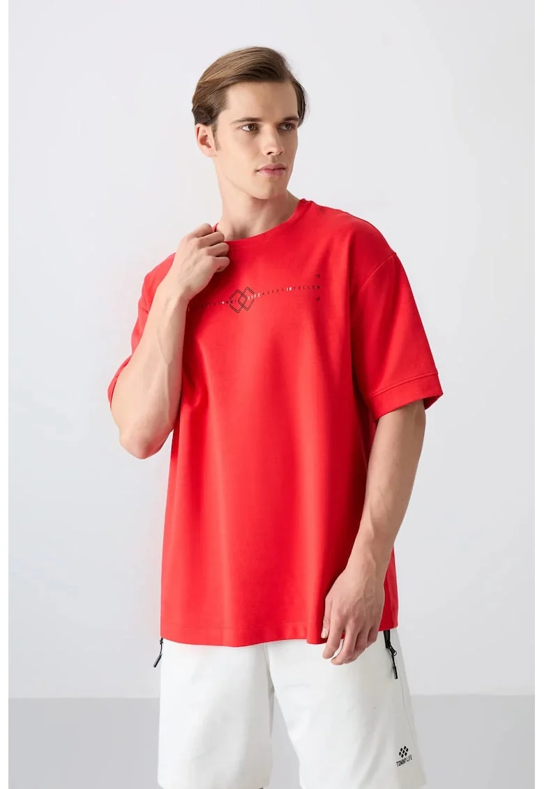 Tricou supradimensionat,  imprimeu pe spate, rosu, bumbac si poliester