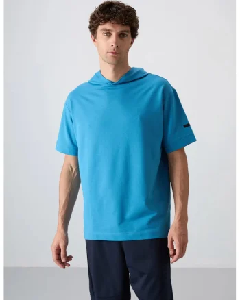 Tricou  supradimensionat cu gluga, albastru cerulean, barbati