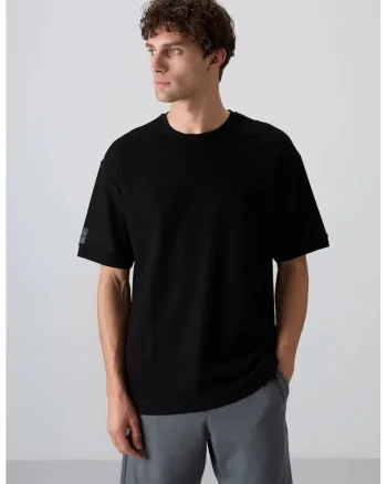 Tricou barbati,  croiala supradimensionata, guler rotund, negru, bumbac-poliester