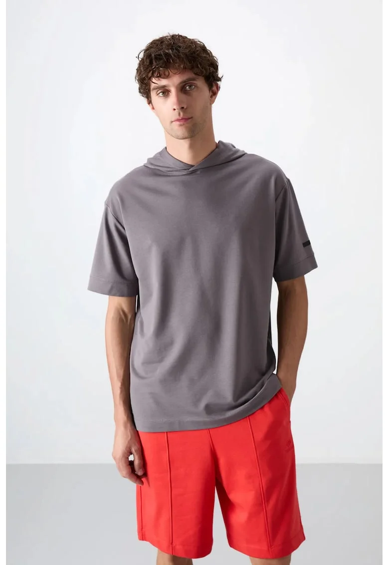 Tricou barbatesc  supradimensionat cu gluga, gri antracit, bumbac