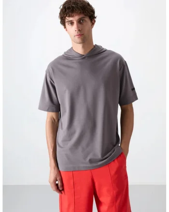 Tricou barbatesc  supradimensionat cu gluga, gri antracit, bumbac