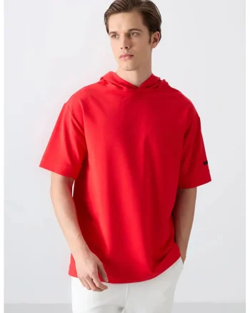 Tricou  supradimensionat cu gluga, rosu, barbati