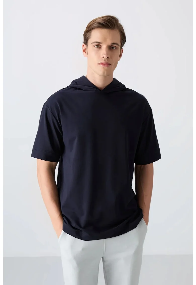 Tricou supradimensionat,  gluga, maneci scurte, albastru marin, bumbac-poliester-lycra