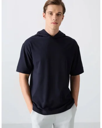 Tricou supradimensionat,  gluga, maneci scurte, albastru marin, bumbac-poliester-lycra