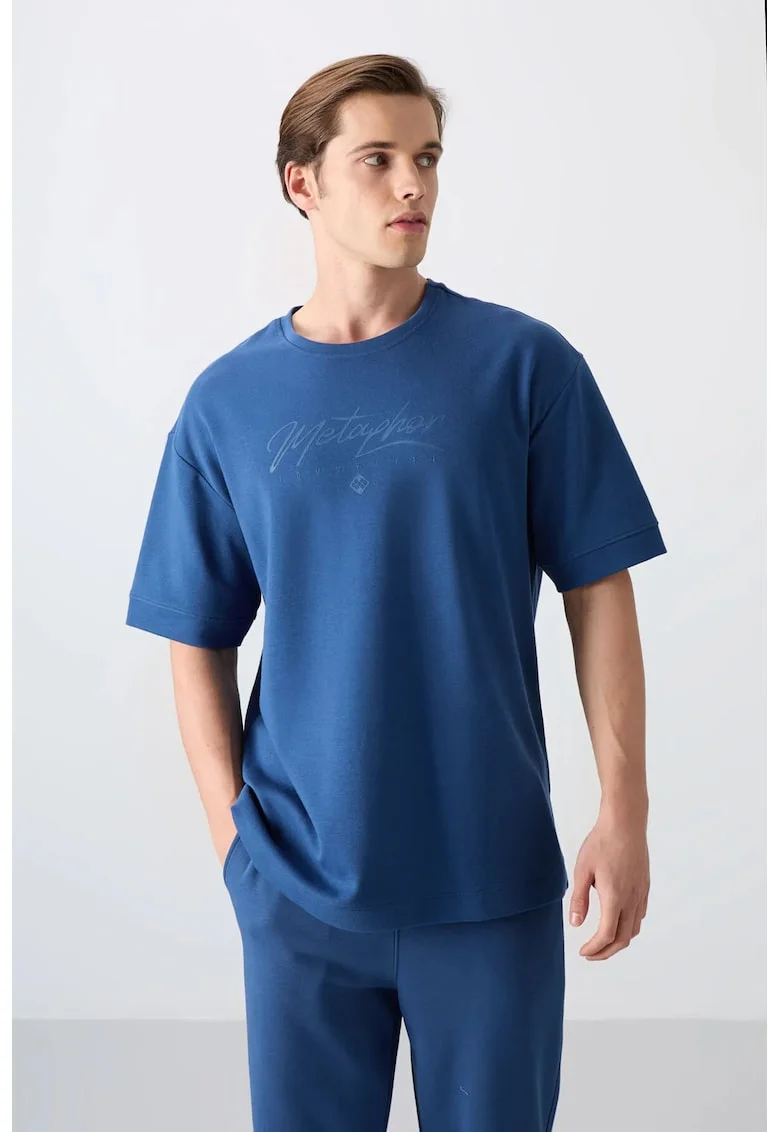 Tricou  supradimensionat, imprimeu, albastru Moroccan, 93% bumbac, 7% poliester