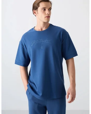 Tricou  supradimensionat, imprimeu, albastru Moroccan, 93% bumbac, 7% poliester