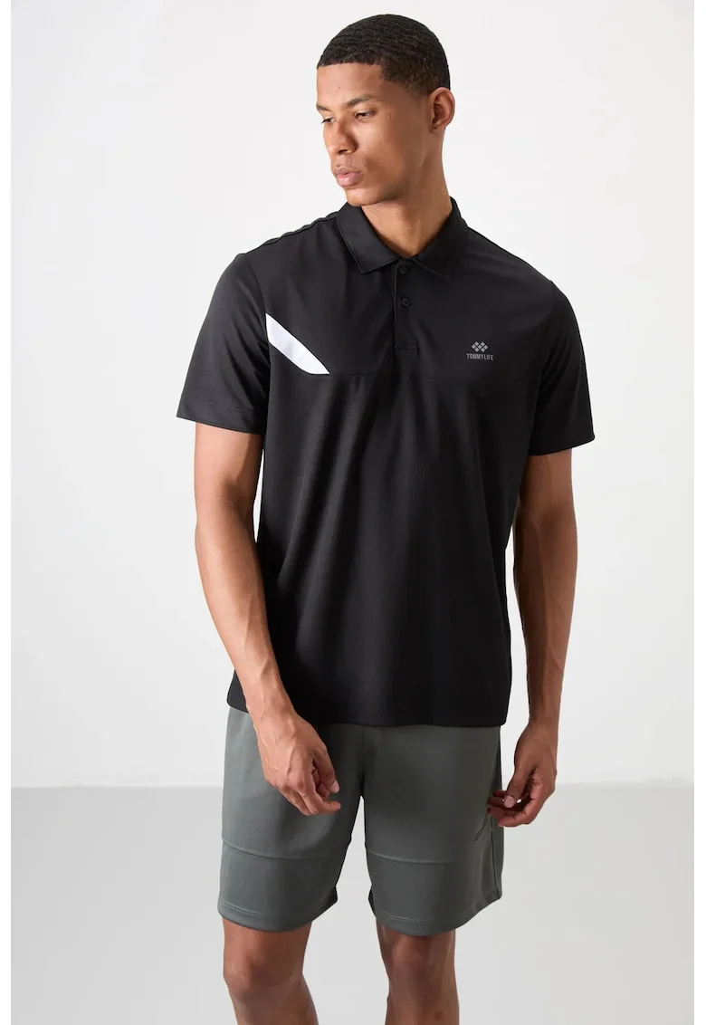 Tricou Polo Barbati,  Negru, 100% poliester, cu buton