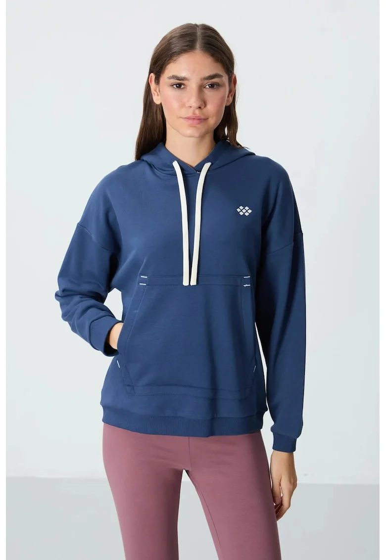 Hanorac dama,  supradimensionat cu gluga, buzunar, albastru marin, bumbac/poliester