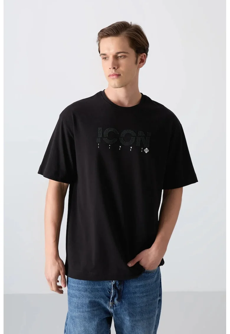 Tricou barbati,  guler rotund, imprimeu logo, negru, bumbac si poliester