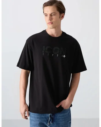 Tricou barbati,  guler rotund, imprimeu logo, negru, bumbac si poliester