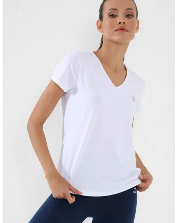 Tricou dama,  simplu, decolteu in V, alb, elastic