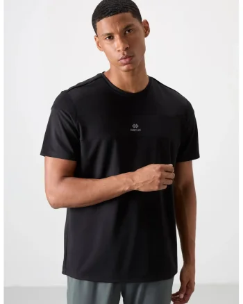 Tricou  barbatesc, cu guler rotund, dungi, negru, poliester