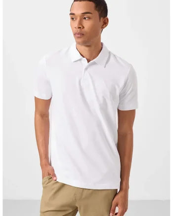 Tricou polo  barbati, alb, amestec de bumbac cu elastan, detaliu buton