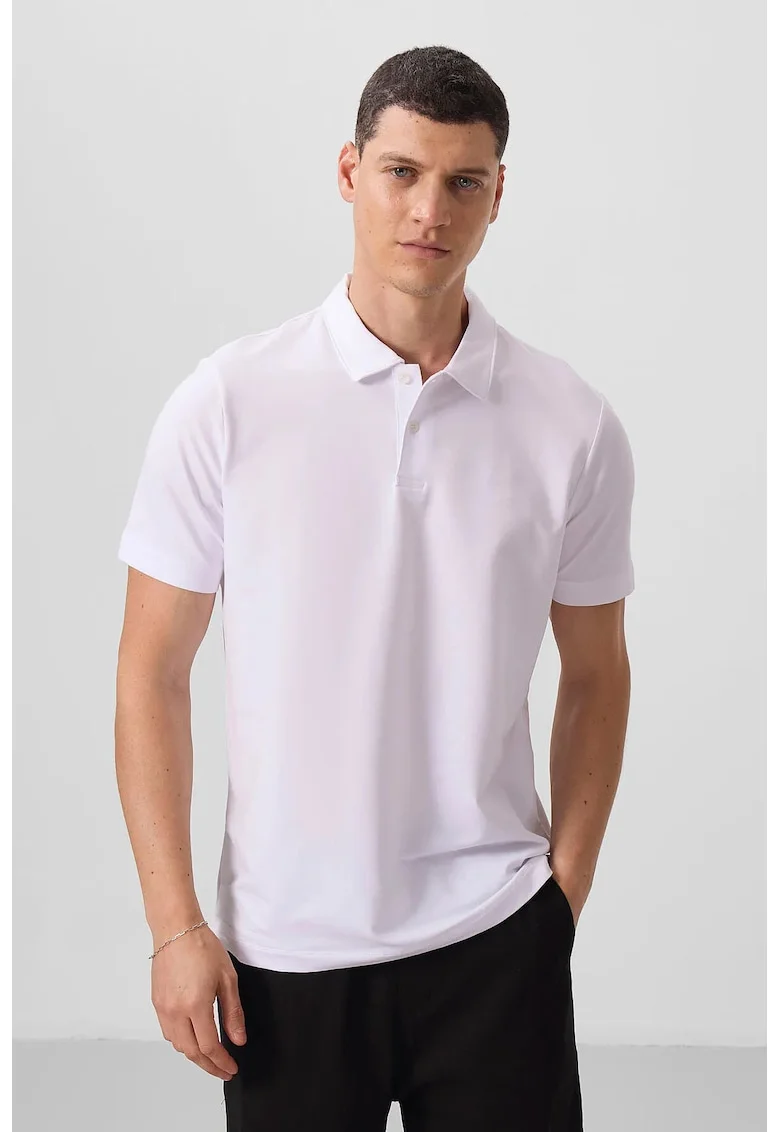 Tricou Polo,  bumbac-elastan, alb, cu buton