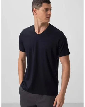 Tricou  barbati, albastru marin, bumbac si elastan, decolteu in V