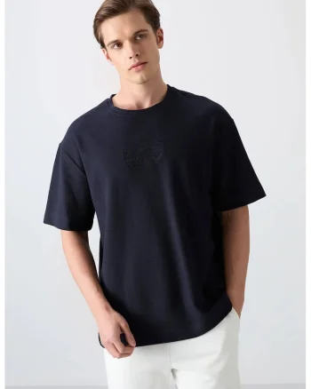 Tricou barbati,  oversized, broderie, albastru marin, amestec de bumbac si poliester